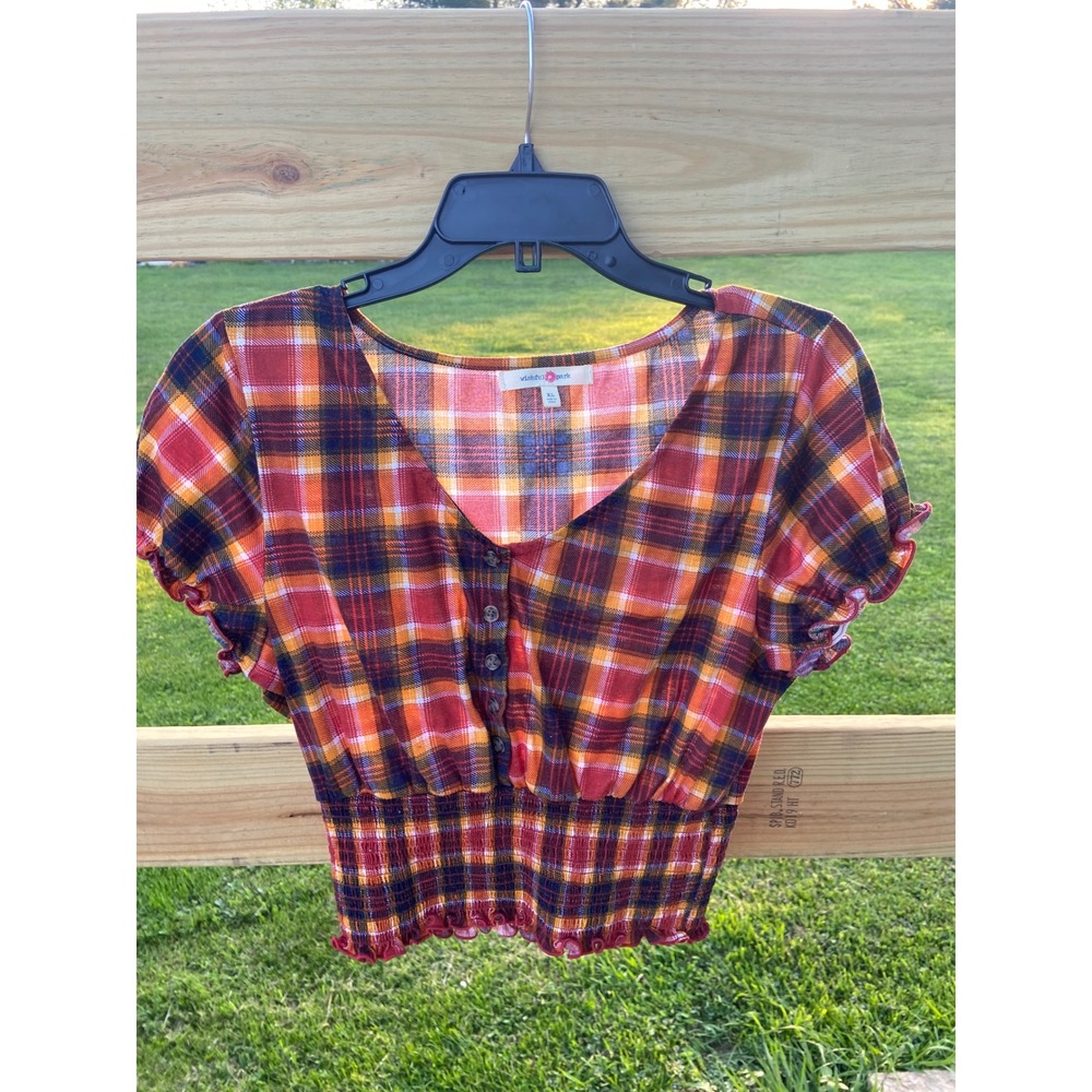 Wishful Park Plaid Crop Top Orange Red Blue Smocked Waist Button Front Blouse XL